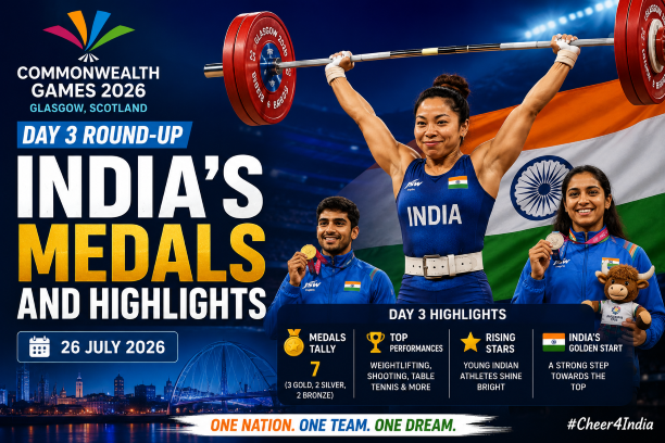 Commonwealth Games 2026 Day 3 roundup graphic covering all of India's medals and highlights from July 26 at the Glasgow 2026 multi-sport games in Scotland.