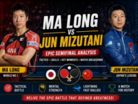 Ma Long and Jun Mizutani locked in an intense rally during their Rio 2016 Olympic semifinal match.