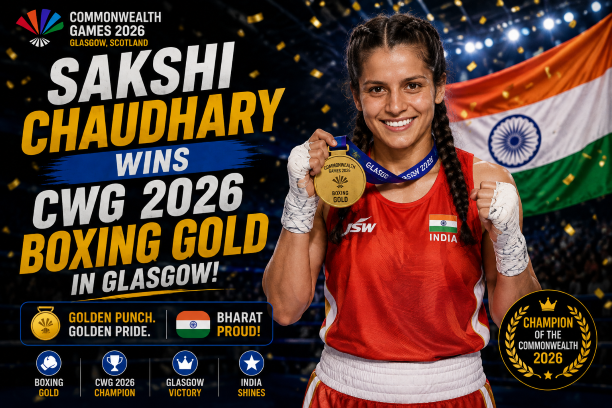 Indian boxer Sakshi Chaudhary celebrating her gold medal victory at the Commonwealth Games 2026.