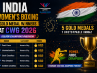 Five Indian women boxers celebrating their historic gold medal victories at the Commonwealth Games 2026.