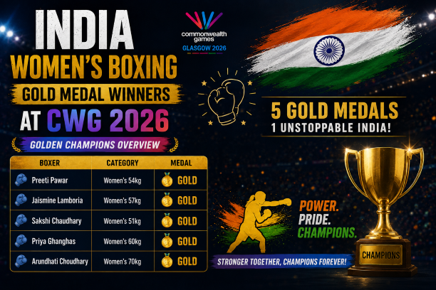 Five Indian women boxers celebrating their historic gold medal victories at the Commonwealth Games 2026.