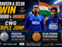 Indian triple jumpers Praveen and Selva celebrating their historic silver and bronze medals.