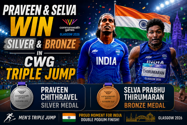 Indian triple jumpers Praveen and Selva celebrating their historic silver and bronze medals.