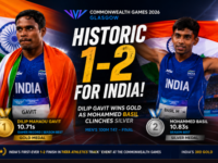 Indian para sprinters Dilip Mahadu Gavit and Mohammed Basil celebrating their historic gold and silver medals in Glasgow.