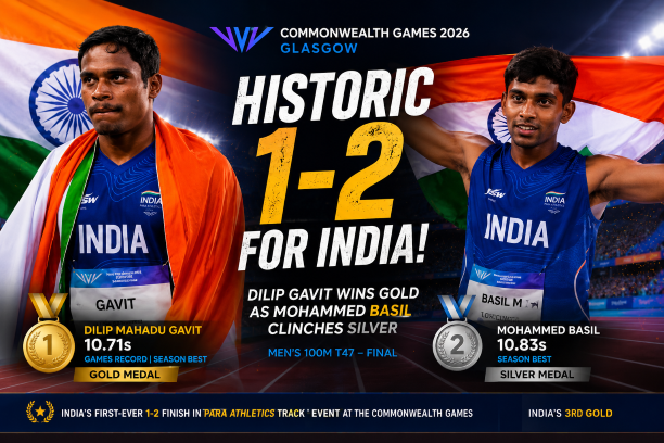 Indian para sprinters Dilip Mahadu Gavit and Mohammed Basil celebrating their historic gold and silver medals in Glasgow.