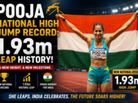 Indian high jumper Pooja celebrating her record-breaking 1.93m clearance at the Asian U20 Athletics Championships.