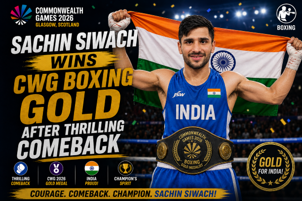Indian boxer Sachin Siwach celebrating his gold medal victory at the Commonwealth Games 2026.