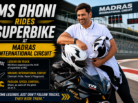 MS Dhoni riding a high-performance sports bike on the track at the Madras International Circuit.
