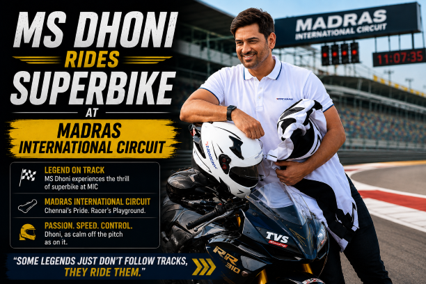 MS Dhoni riding a high-performance sports bike on the track at the Madras International Circuit.